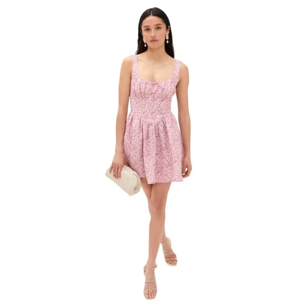 Reformation Daria Print Linen Mini Dress in Pink Combo Size 6 New With Tags - Picture 1 of 13